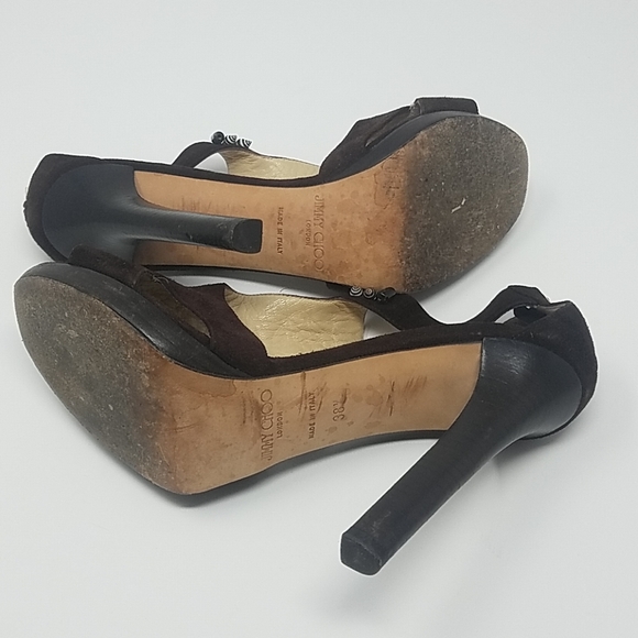 JIMMY CHOO 'Riv' Beaded T-Strap Sandal Suede Heel - Picture 6 of 9